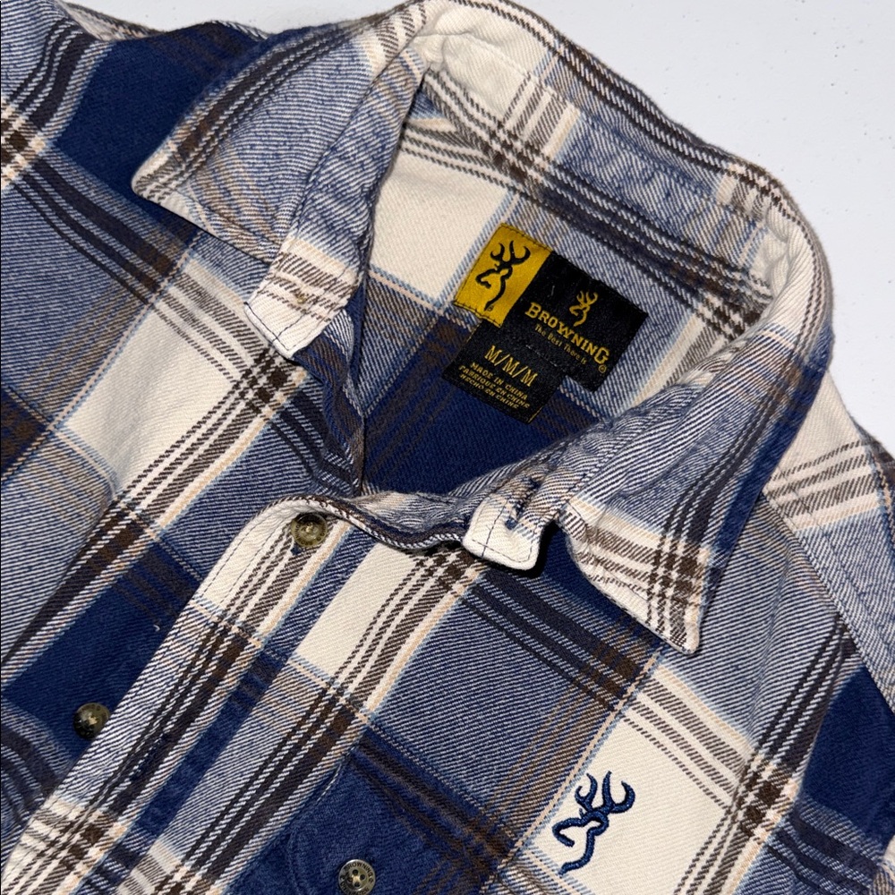 Browning Mens Plaid Flannel Button Up Shirt Blue Cream Brown Logo Size Medium